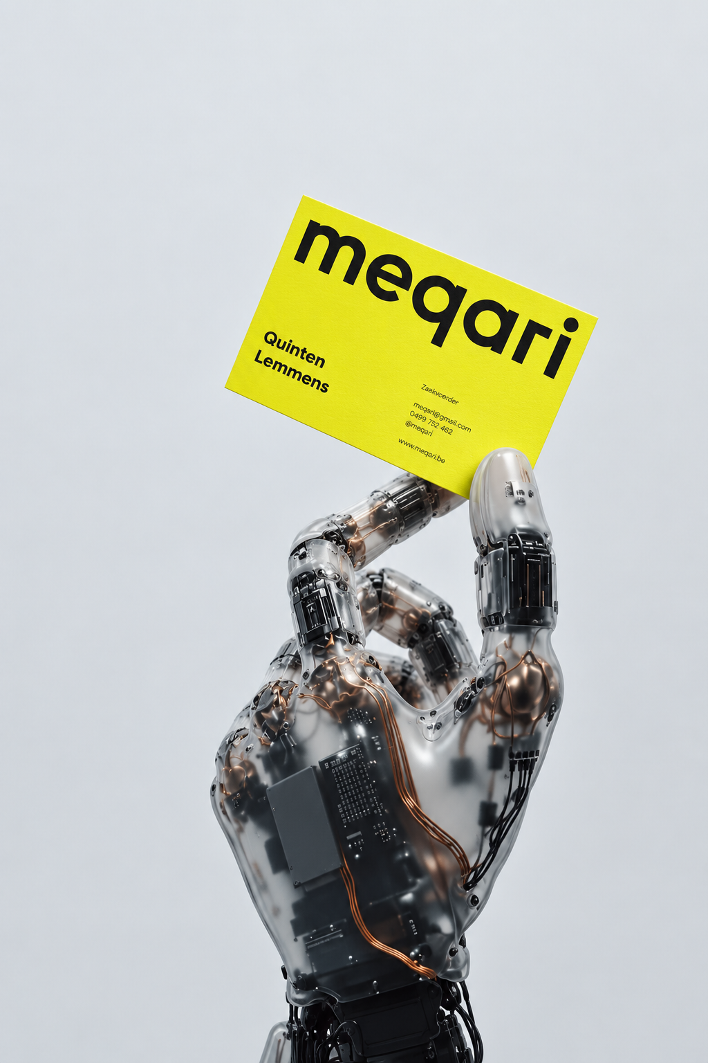 Felgele Meqari visitekaart in een robothand